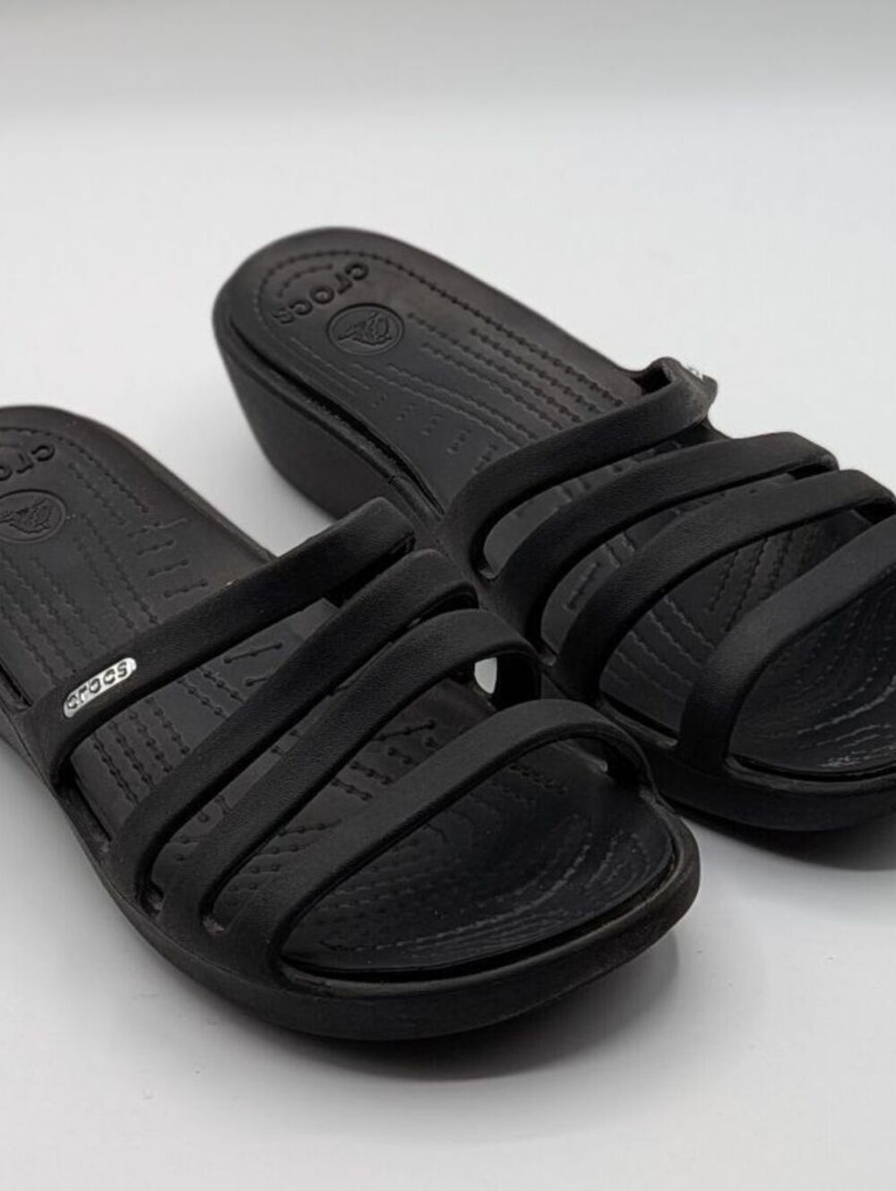 Crocs Size 7 $60 Black Huarache Strappy Comfort Slide Sandals Casual Lightweight